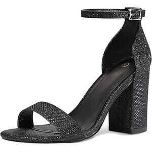 Coasis Womens Size 9.5 Black Glitter Open Toe Ankle Strap 3.5" Block Heel Shoes